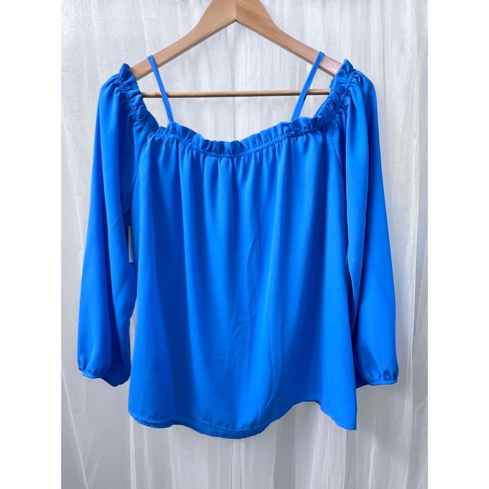 Tacera Womens Bright Blue Cold Shoulder Ruffle Neck Long Sleeve Blouse Large NEW